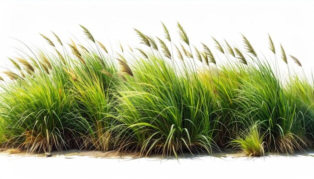 Tall green grasses with feathery seed heads sway gently in the breeze