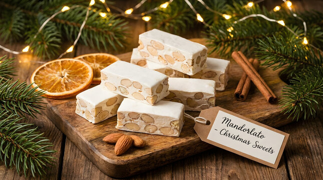 Traditional Italian almond nougat sweets stacked on rustic wooden board with pine branches and Christmas lights background. Generative AI