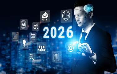 Fototapeta premium AI forecasting 2026 market trends and analyzing data-driven business growth strategies for innovation and global performance improvement Parse