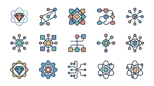 Abstract geometric shapes and network diagrams icons.