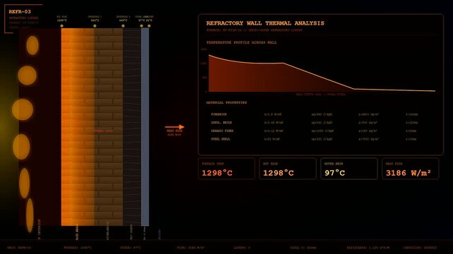 A digital interface illustrating industrial heat management reveals dynamic thermal analysis of refractory furnace walls through changing temperature profiles and technical material properties data.