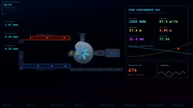 This advanced system for industrial heat management displays real time pump performance metrics and cavitation risk levels on a sophisticated digital dashboard interface for engineers.