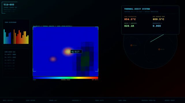 Digital screens displaying industrial heat management using thermal imaging sensors to detect temperature spikes and energy patterns across dark technical monitoring interfaces for system maintenance