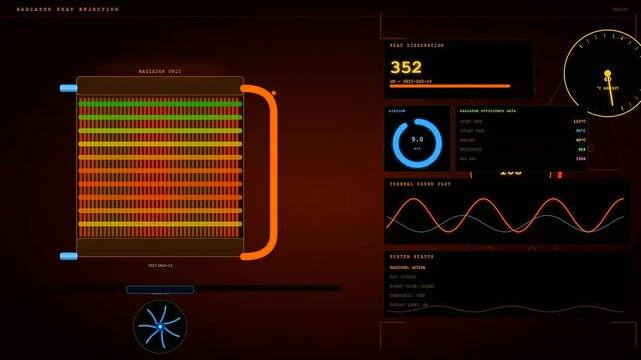 A professional user interface for industrial heat management displays complex thermal data and radiator efficiency metrics through glowing digital graphics on a dark technical screen.