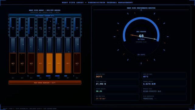 An advanced user interface for industrial heat management displays complex fluctuating data across multiple digital screens while circular gauges monitor real time thermal cooling efficiency.