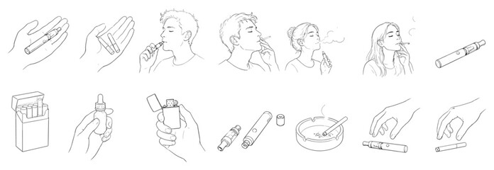 Fototapeta premium Collection of line art illustrations depicting smoking and vaping accessories and actions