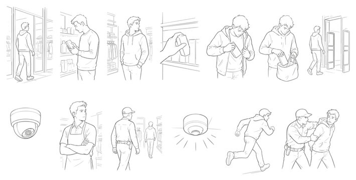 Illustrations depict a shoplifter stealing items and being apprehended by security