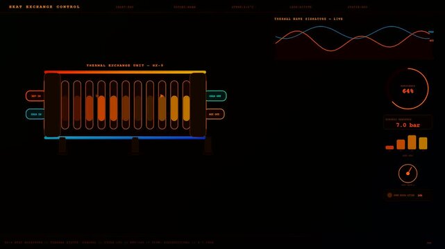 A sophisticated interface for industrial heat management displays real time data through animated graphs and schematic diagrams of a thermal exchange unit in operation.