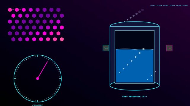 This futuristic digital interface displaying industrial heat management processes features a rotating cryostat dial and fluctuating fluid levels in a cryogenic storage tank reservoir.