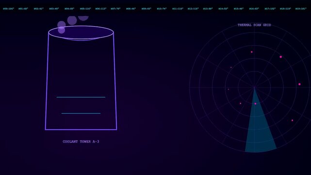 A futuristic interface for industrial heat management monitoring a cooling tower system with a thermal scan grid rotating to detect temperature fluctuations in real time