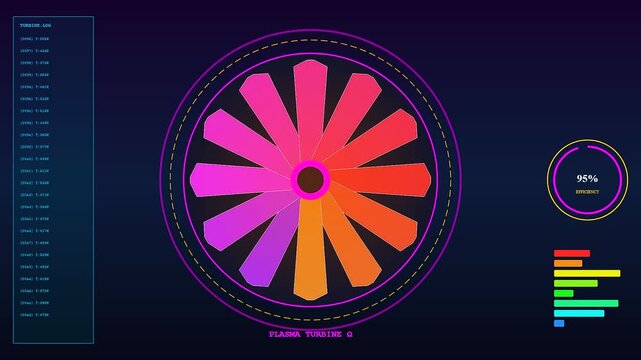 A futuristic digital interface showing industrial heat management with rotating colorful turbine blades and data readouts on a dark blue neon backdrop for monitoring