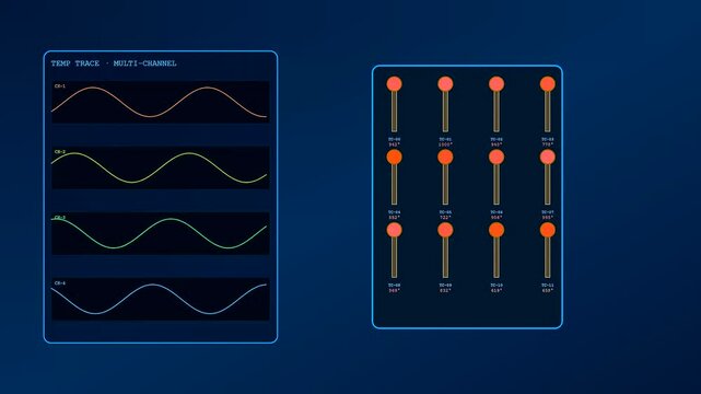 Digital screen showing industrial heat management with animated orange temperature indicators moving on a dark blue surface with scrolling colorful sine wave data graphs
