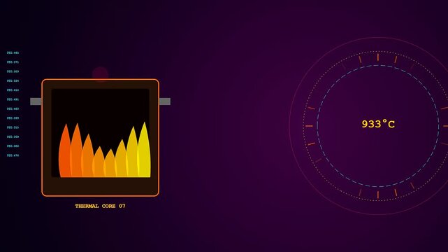 A digital interface for industrial heat management showing fluctuating temperature readings and flickering orange flame graphics across shifting colorful dark backgrounds in an animation