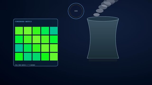 An animated display for industrial heat management showing a rising percentage gauge beside a cooling tower while a green data grid updates its colors