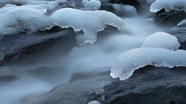 Icy cold water flows rapidly over dark jagged rocks during a freezing winter season creating a smooth cinematic motion sequence captured in high quality 4k resolution for nature video projects