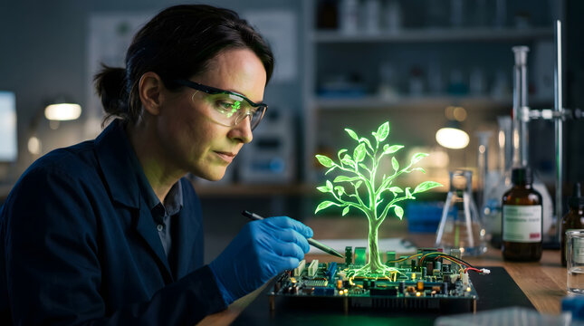 Scientist close-up observing green technology tree growing from circuit board, soft glow reflecting on face.