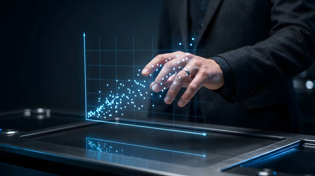 Businessman controlling holographic scatter plot data visualization on futuristic digital display