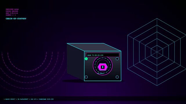 Seamless smart container tracking visualizes secure digital asset management and transparent supply chain logistics with futuristic blockchain network technology in a dark environment.