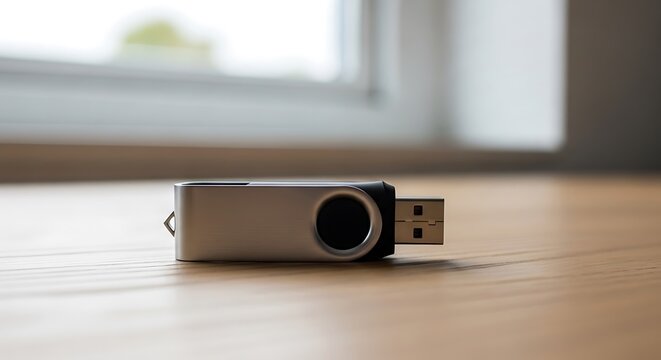 Silver USB flash drive rests on a polished wooden desk with soft window light. A macro shot featuring sharp focus and professional bokeh. Ideal for information technology marketing.