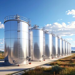 Obraz premium Row of gleaming, massive stainless steel storage tanks under a bright blue sky