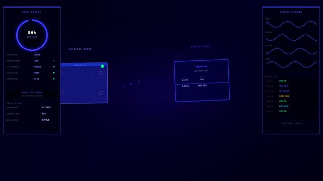 Interactive smart container tracking interface displays real-time data streams and secure system monitoring within a futuristic virtual control environment, optimizing global logistics operations.