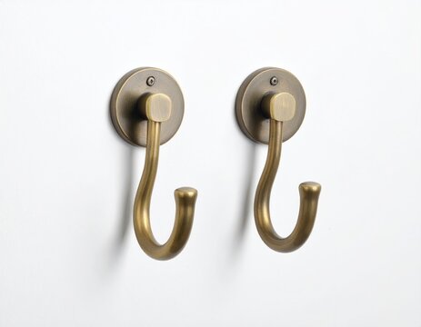 Two antique brass wall hooks with rounded bases and curved arms