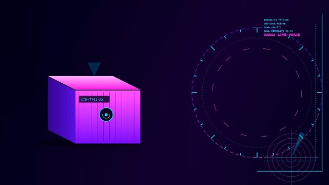 Animated Smart Container Tracking shows global cargo, displaying vital data on a glowing digital cube linked to a radar, ensuring efficient supply chain monitoring.