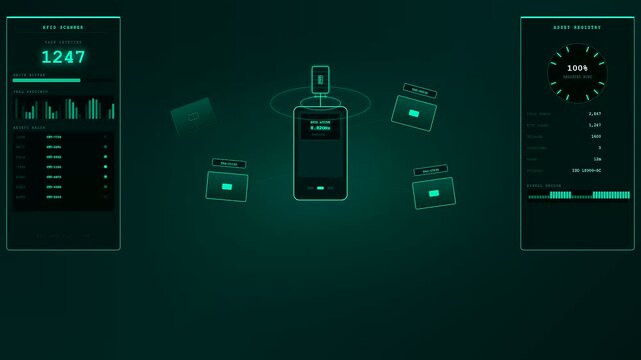 Smart Container Tracking animation depicting efficient asset management via mobile scanning and real-time data processing. Displays inventory updates across modern interfaces for its registry.