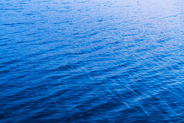 Fototapeta premium Deep blue rippling water surface at sunset with gentle waves and soft pink reflections,A high-angle, full-frame shot of deep blue water featuring rhythmic ripples and soft pinkish-golden reflections.