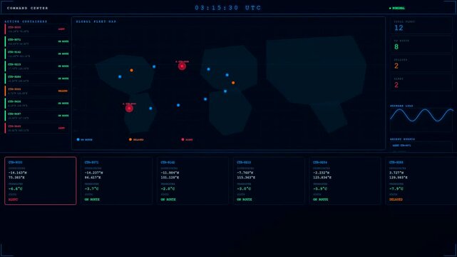 Advanced Smart Container Tracking interface dynamically visualizing global shipping operations. Presents live updates, status changes, and critical alerts across time frames for efficient management.
