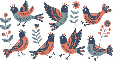 Folk art birds and floral elements  © Priyom