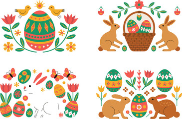 Fototapeta premium Folk Art Easter Illustrations with Rabbits and Eggs