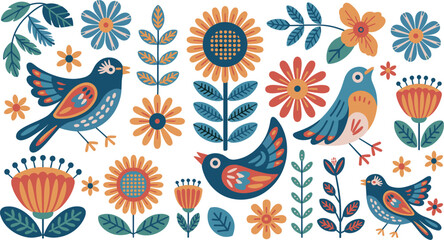 Folk Art Style Birds and Flowers floral pattern © Priyom