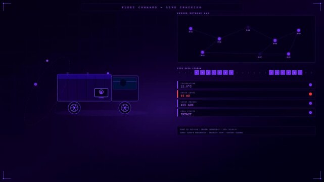 A sophisticated Smart Container Tracking dashboard visualizes real-time vehicle metrics including temperature, ammonia, and liquid sensor data on a dynamic logistics network display.