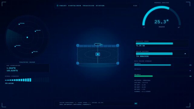 Displaying real time data, a smart container tracking system actively monitors global asset location and security, ensuring efficient logistics management via an intuitive digital screen.