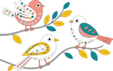 Obraz premium Three decorative birds on branches 