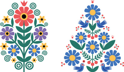 Vibrant Folk Art Floral Designs with Birds flowers © Priyom
