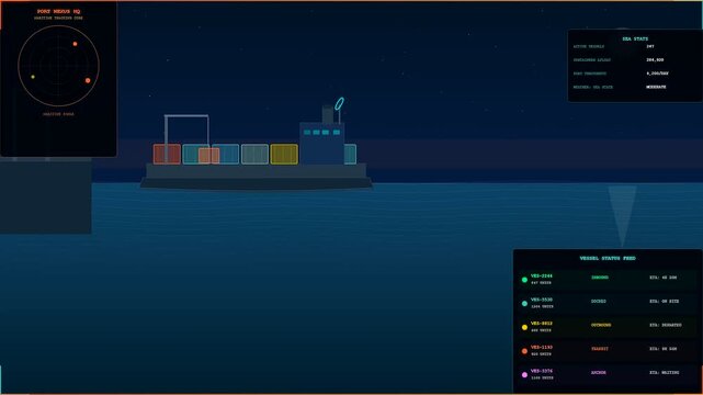 An advanced digital interface displaying smart container tracking data for a cargo ship navigating ocean waters at night, crucial for efficient global logistics and maritime operations.