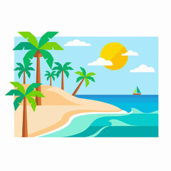 Obraz premium Tropical Beach Scene with Palm Trees and Sailboat in Flat Design