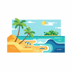 Fototapeta premium Tropical Beach Scene with Palm Trees and Waves Flat Design Vector