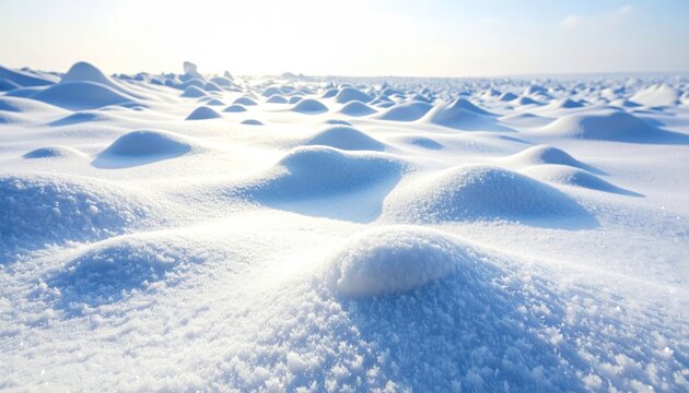 Vast frozen landscape with undulating snowdrifts bathed in soft, bright sunlight