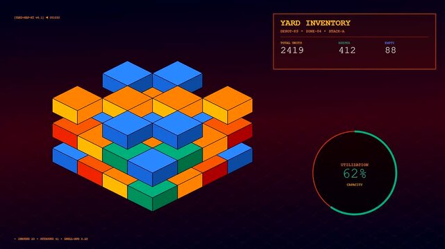 Advanced smart container tracking system visually demonstrates dynamic inventory changes and increasing utilization percentages across multiple storage depots, optimizing digital logistics management.