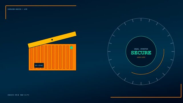 A sophisticated digital interface presents Smart Container Tracking information, showing the cargo box opening and closing, alongside a dynamic security status display.