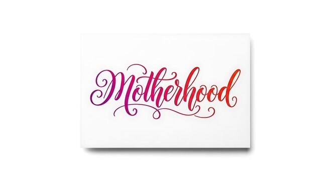 Motherhood calligraphy lettering on white card. Vibrant pink gradient ink with elegant flourishes and a soft drop shadow. Ideal for feminine branding and greeting card marketing.