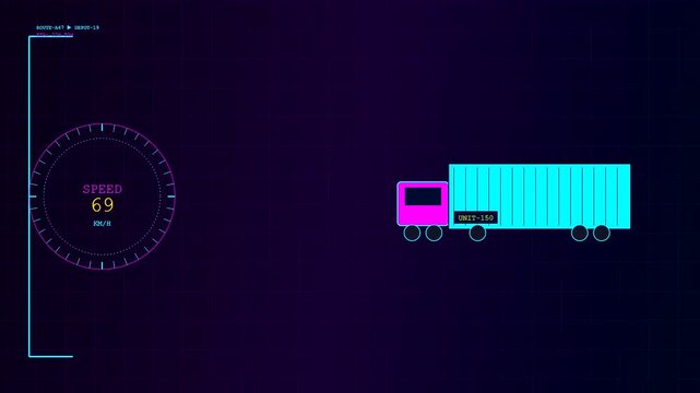 This dynamic smart container tracking interface presents real-time logistical data, showcasing a digital truck with fluctuating speed readings on a futuristic grid background.