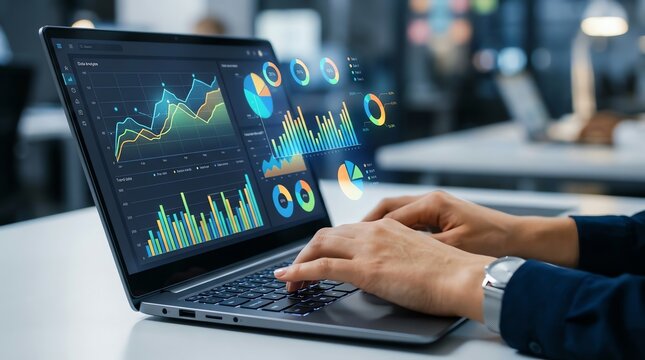 Professional hands typing on a laptop, engaging with dynamic data visualizations and holographic charts for advanced business analysis and financial insights