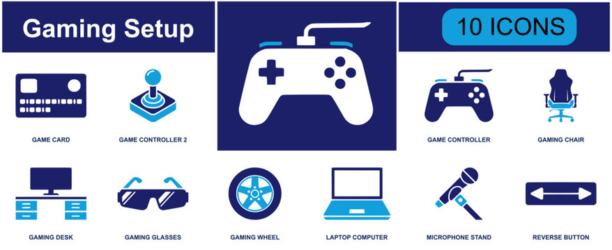 Gaming setup icon set. Containing game controller, monitor, headset, keyboard, streaming, console gaming, esports equipment and more. Solid fill vector icons collection.