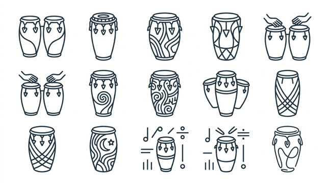 Collection of Hand Drawn Conga Drums and Percussion Instruments.