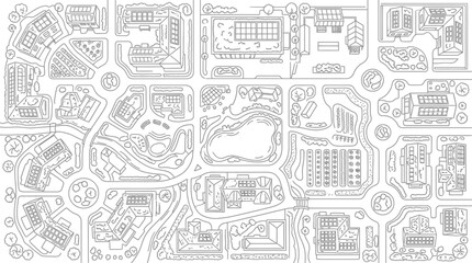 Fototapeta premium Aerial View Outline of a Sustainable Eco-Friendly City with Solar Panels and Green Roofs - Coloring Page for Urban Planning and Green Living Concept