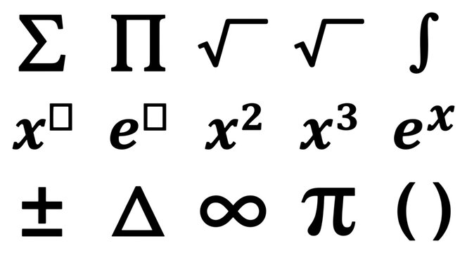 Mathematical symbols and scientific notation set, black algebra icons on white background, 15 vector math elements for education and physics